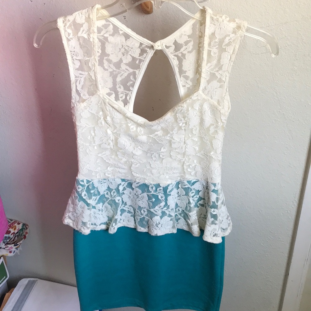 White and teal dress with lace